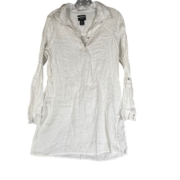 Jones & Co Jones New York Tops - Jones & Co Jones New York M‎ White 100% Linen Roll Tab Sleeve Tunic Shirt Womens